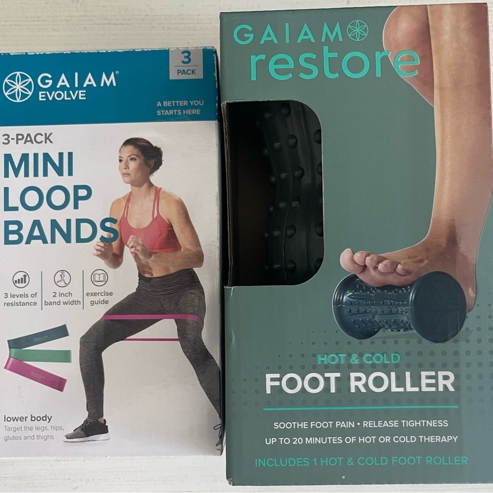 GAIAM Exercise‎ Evolve Mini Loop Bands and Restore Foot Roller Set, Brand New